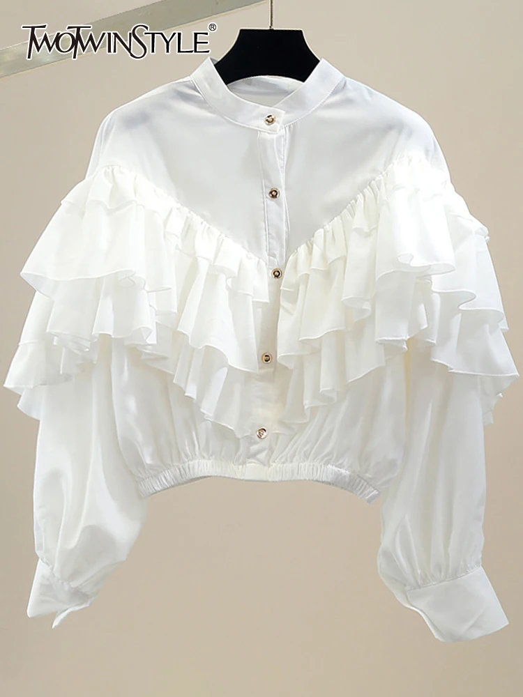 

TWOTWINSTYLE White Sweet Shirt For Women Stand Collar Long Sleeve Ruffle Trim Button Through Blouse Female Fashion Clothing New