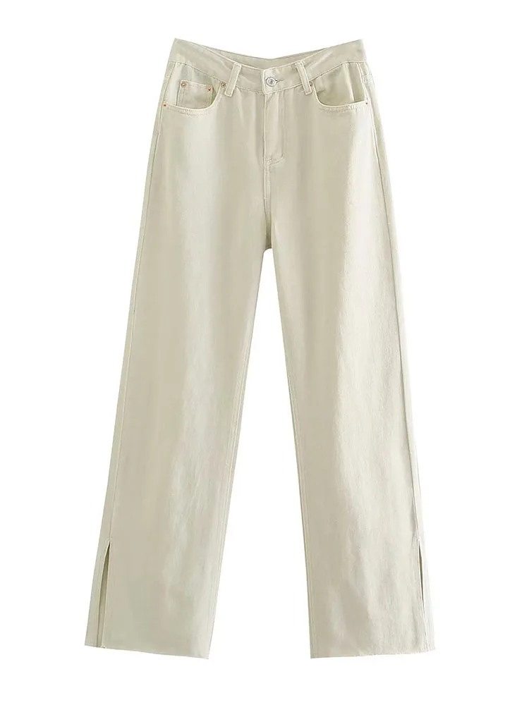 

Women 2022 Autumn New Chic Fashion high-waisted slit straight-leg Jeans Vintage Zipper Fly Female Denim Pants Mujer