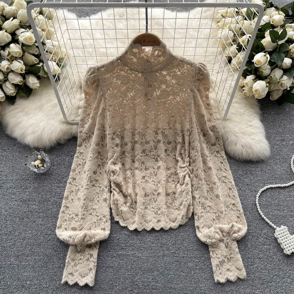 

Autumn and Winter New Korean Version of a Hundred Slimming Thin Long-sleeved High Collar Hollow Lace Bottoming Chic Blouses