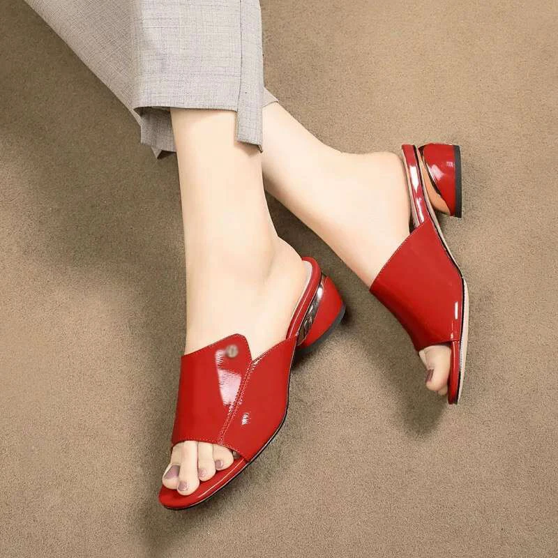 

Summer Fashion Heels Slides Shoes Red Sexy Pu Soft Leather Female Flipflop Slippers for Girls Comfortable Sandals Woman