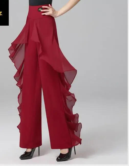 

Женские брюки для современных танцев, 1 шт./партия, широкие брюки с высокой талией и оборками, брюки для латиноамериканских танцев