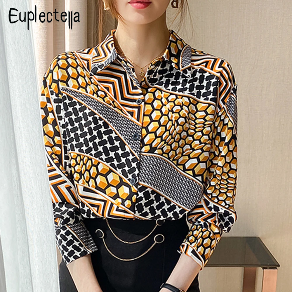 

Женская шифоновая блузка Euplectella с длинным рукавом и геометрическим принтом в стиле пэчворк, блузка с отложным воротником и длинным рукавом, новинка весны-осени 2022