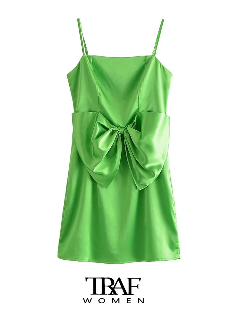 

TRAF Women Fashion With Bow Satin Party Green Mini Dress Vintage Backless Zipper Thin Straps Female Dresses Vestidos Mujer