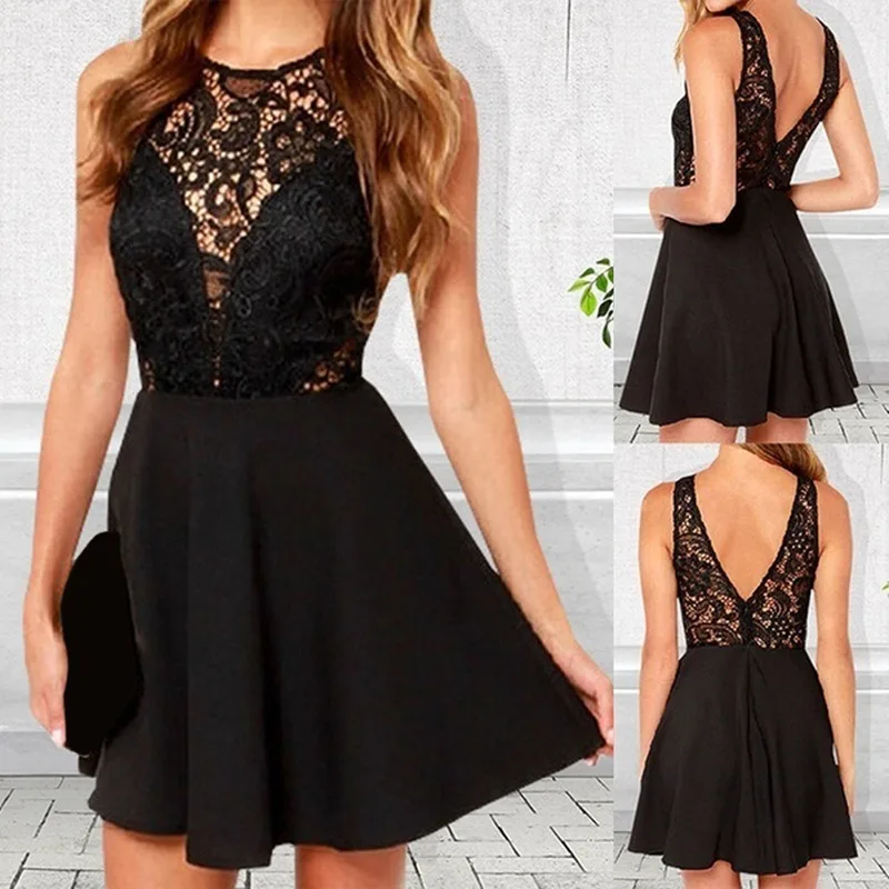 

Summer Women Dress Bohemian Beach Sexy O-neck Dress Casual Sleeveless Backless Lace Patchwork Hollow Out Mini Dresses