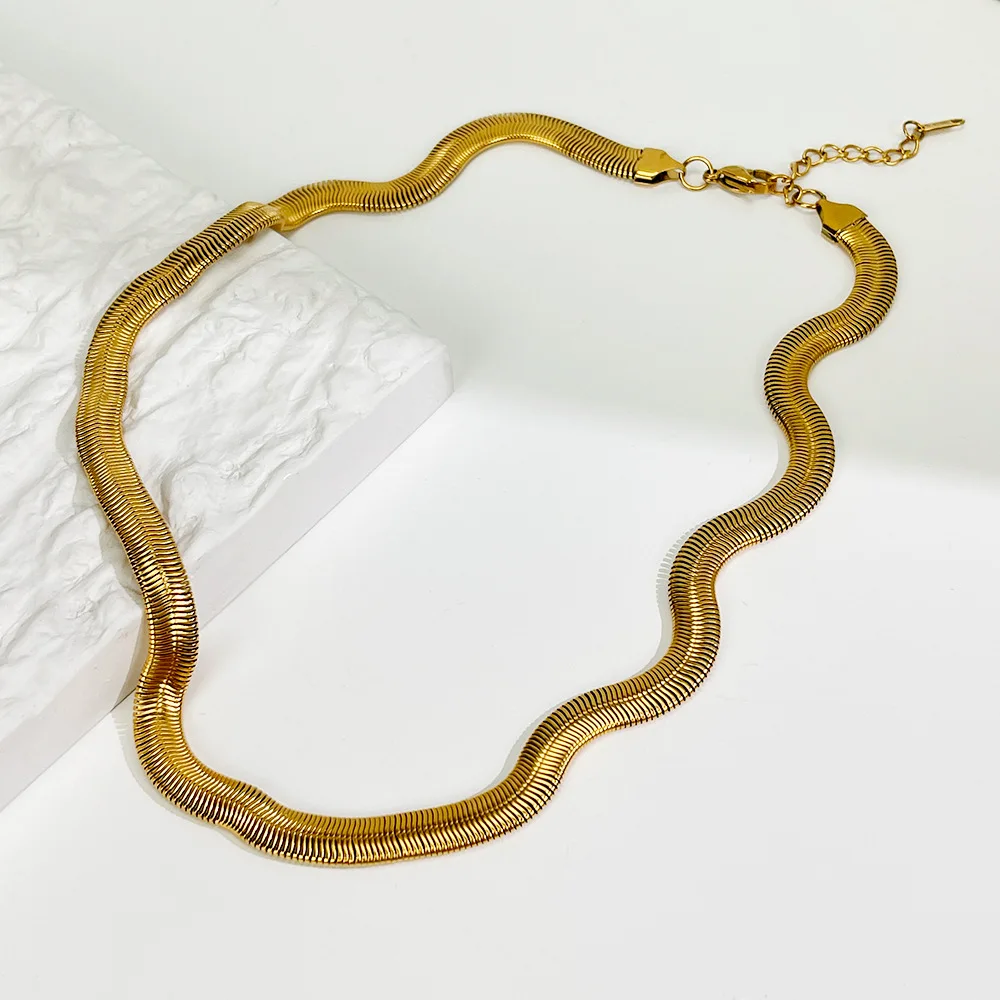 

Minar Dainty Titanium Steel Gold Snake Chain Necklace for Women Punk Hip Hop Flat Herringbone Chunky Chain Necklaces Wholesale
