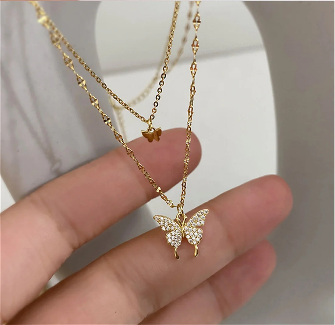 

Fashion Lady Butterfly Necklace for Women Double Layer Clavicle Chain Crystal Zircon Pendant Jewelry Wedding Gifts Wholesale