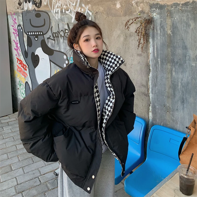 

Winter Jacket Sustans Women Parkas 2022 New Snowsuit Fashion Korean Loose Coats Long Sleeves Plaid Large Size Female Clothing