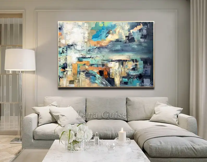 

Abstract Painting Original, Sea Sky Landscape, Teal Grey Black Painting, Large Size, Minimalist Art, Wall Art Decor, Textured