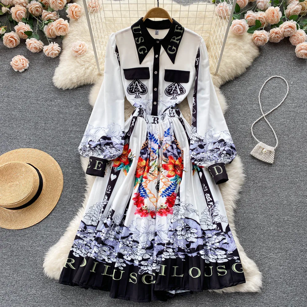 

Женское платье-рубашка с винтажным принтом, однобортное платье-трапеция с отложным воротником и рукавами-фонариками, длинное платье для весны и осени
