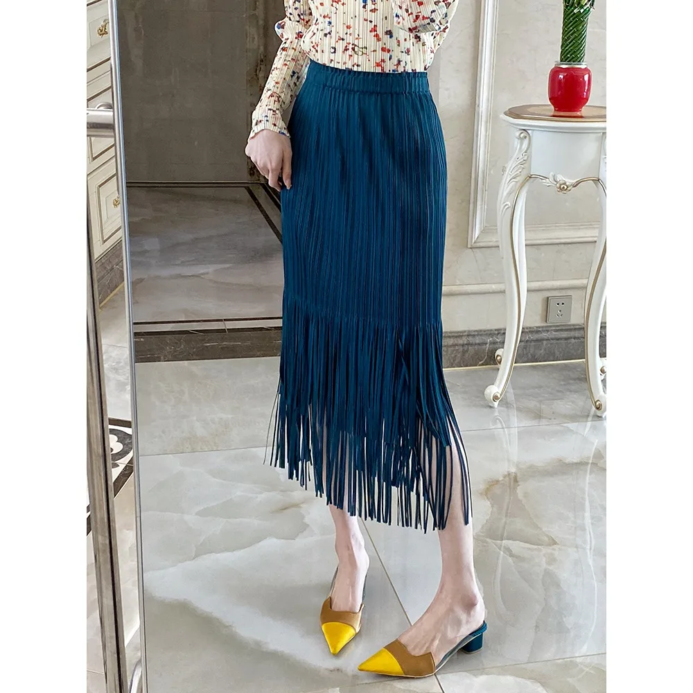 

Miyake Pleated Draped Pleated Skirt Women High Waist Thin Fringe Half Skirt Simple Solid Color Versatile Fashion with Elasticity