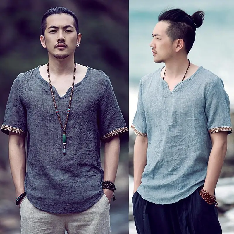 

Футболка мужская с коротким рукавом, свободная дышащая хлопковая льняная рубашка, модный однотонный топ с V-образным вырезом, 5XL, Q67, лето