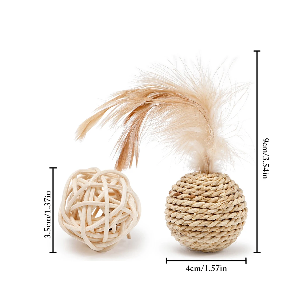 2pcs Cat Toy Pet Rattan Ball Cat Toy Funny Faux Feather Cat Bell Ball Kitten Playing Interactive Ball Toys Pet Supplies images - 6