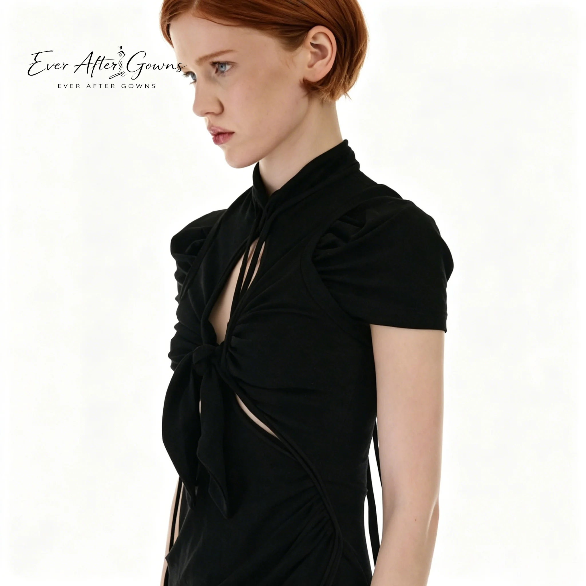 Вечернее платье Ever After Gowns для женщин, черное, с высоким воротом, макси-длина, с коротким рукавом, вырезом-капелькой и узлом, с высоким разрезом, для торжественных мероприятий (art.: 3920daef758c6) - 3920daef758c6
