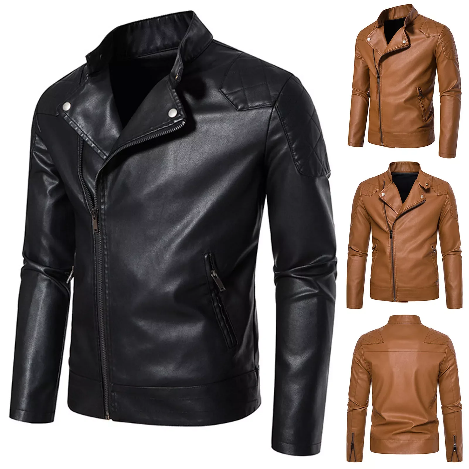 

NEW IN Mens Spring And Autumn Loose Solid Color Zip Pu Leather Jacket Short Lapel Motorcycle Leather Jacket Coat Jacket And