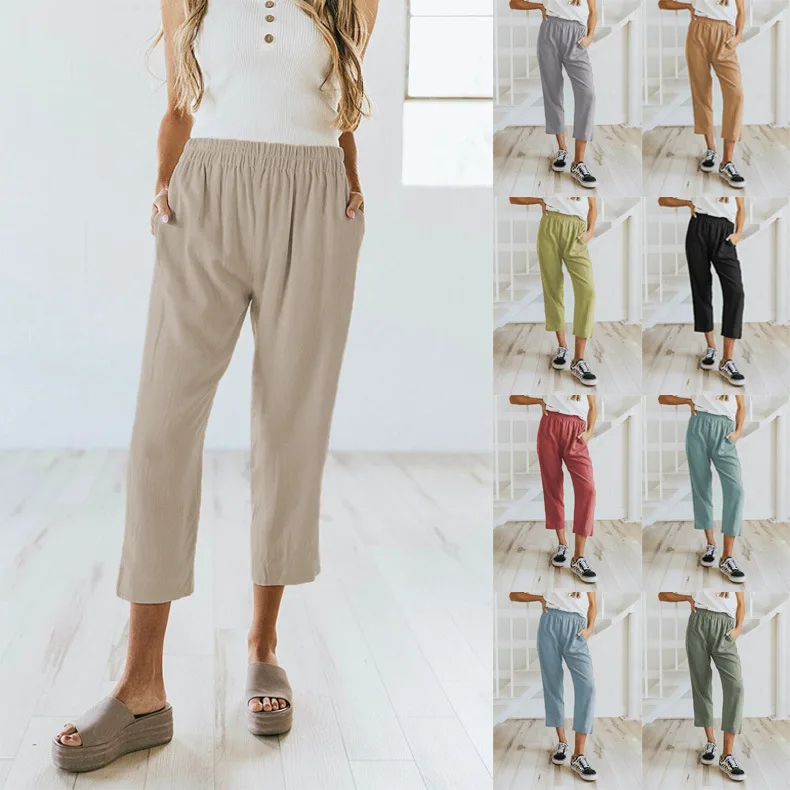 

2022 European and American women's summer new solid color casual elastic high waist cropped pants women sweatpants women