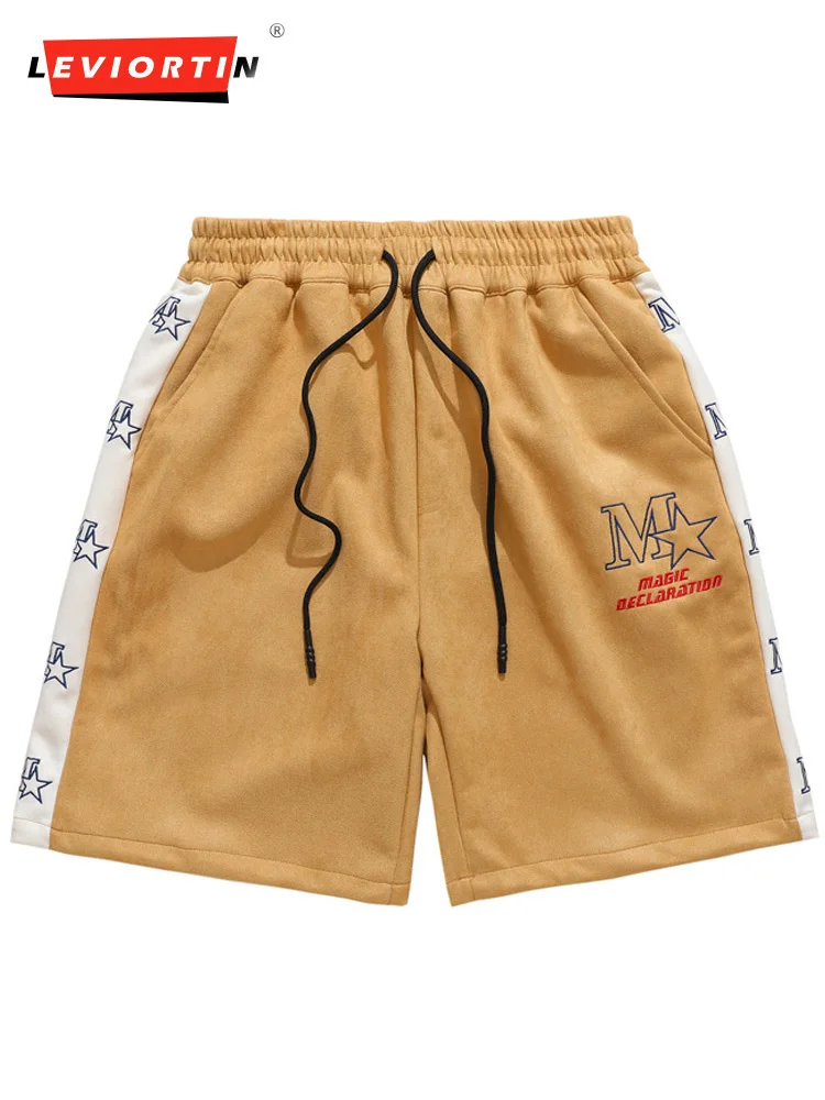 

Hip Hop Side Striped Stars Letter Embroidered Suede Shorts Men Drawstring Flaps Straight Oversize Casual Knee High Pants