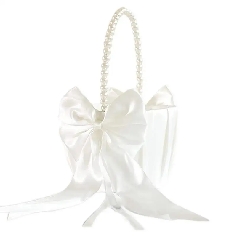 

Wedding Flower Basket Pearl Handle Flower Girl Satin Basket Western Flower Basket With Cute Pearl Handle Bowknot Girl Baskets