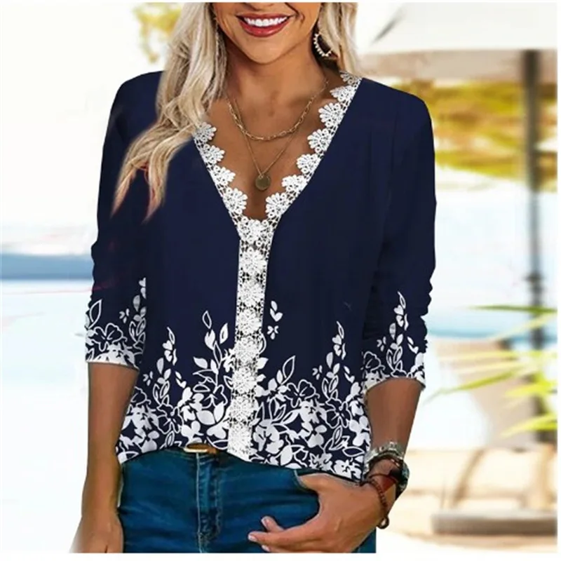 

Print Woman Summer T-shirt Lace V Neck Half Sleeve Loose Elegant Retro Tees Female Designer Chic Casual Party Office Lady Blouse