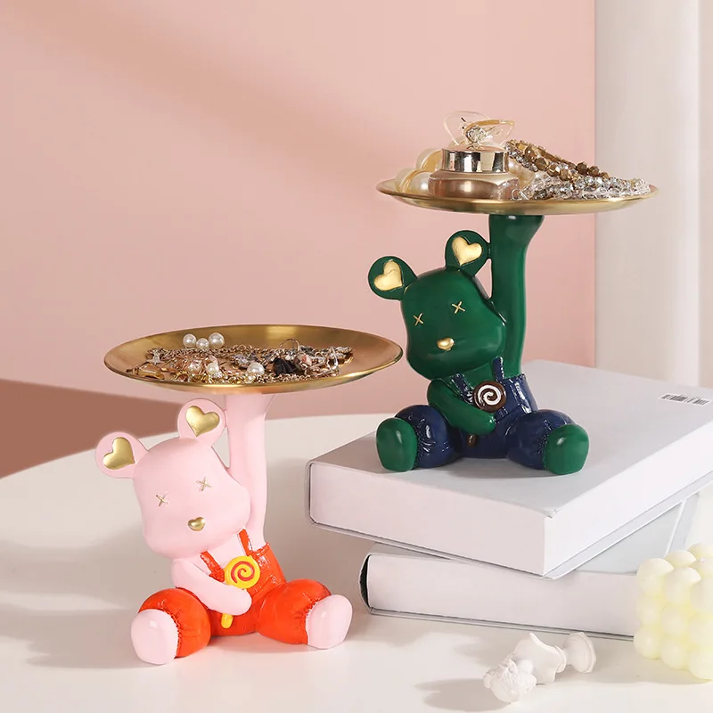

Cartoon Cute Violent Bear Figurine Storage Tray Decoration Home Living Room Wine Cabinet Table Put Jewelry Storage Resin Crafts