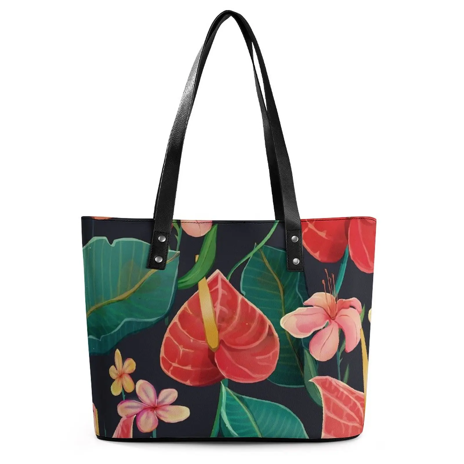 

Tropical Floral Handbags Pink Flowers Business Tote Bag Lady Vintage Shoulder Bag Print Belt PU Leather Shopper Bags