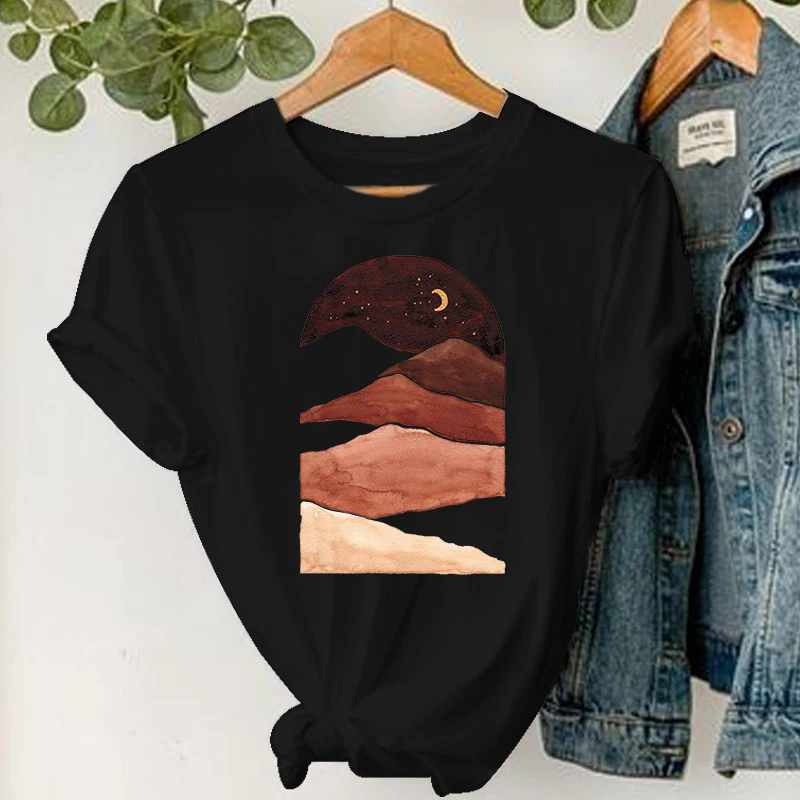 

Футболка унисекс с геометрическим рисунком, модный топ в стиле Харадзюку, черная Базовая футболка с рисунком Луны и гор, лето