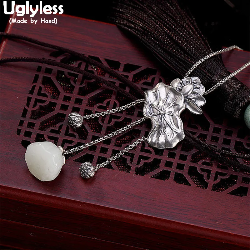 

Uglyless 100% Real 925 Sterling Silver Handmade Lotus Leaf Pendants Necklaces NO Chains Jade Lotus Tassel Pendant Fine Jewelry
