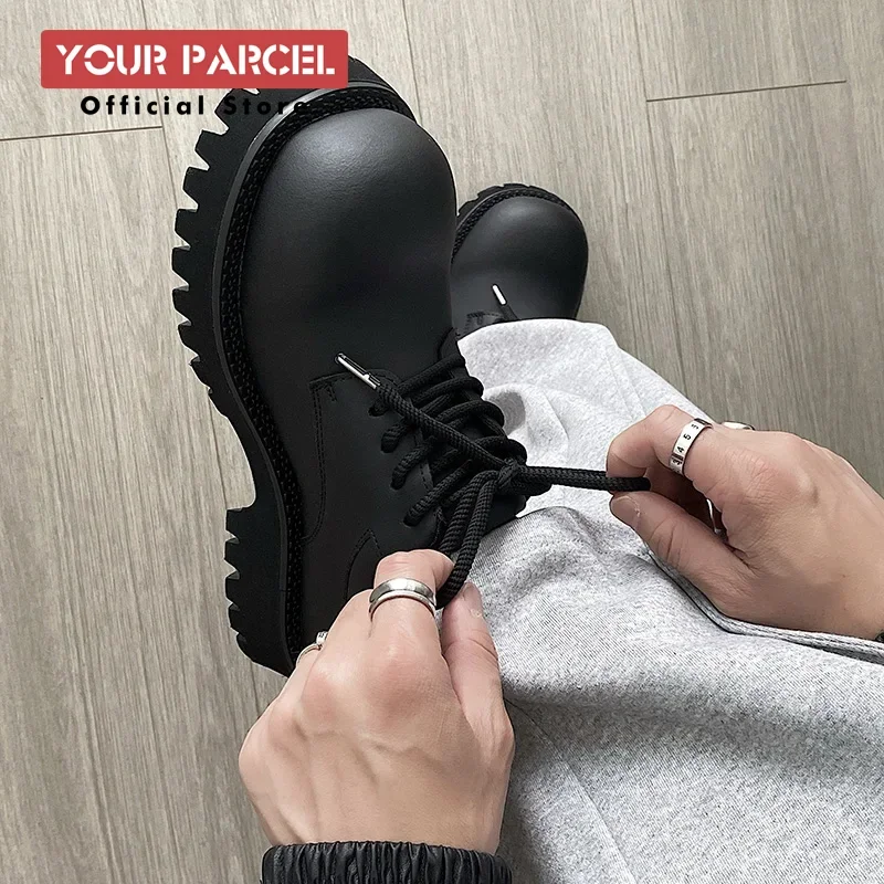 Мужские кожаные туфли с большой головкой в темном стиле увеличивающие рост Микки