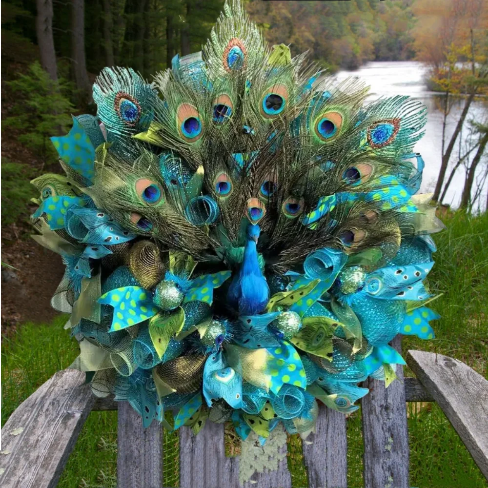 

40X40cm 2023 Gorgeous Peacock Wreath for Holiday Decorations Door Hanging Decoration Eye Catching Turquoise Wreath