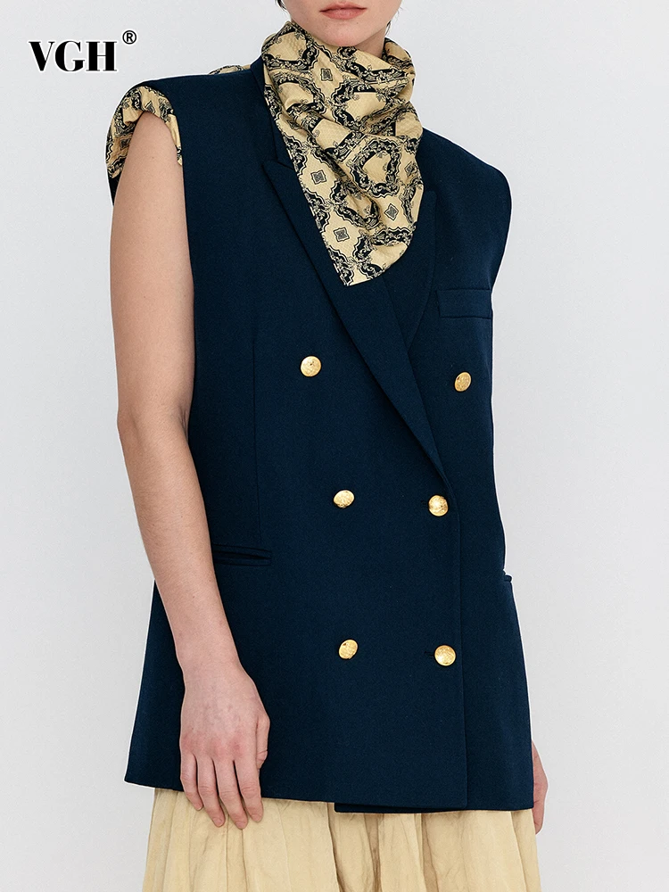 

VGH Causal Balzers For Women Lapel Sleeveless Patchwork Lace Loose Spliced Buttons Temperament Blazer Female Fashion Clothing