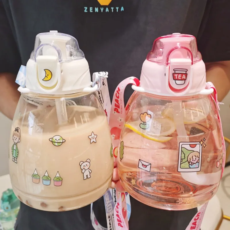 

1100ml Big Drinking Water Bottle Cup for Girl Sport Drink Bottle for Water Outdoor Straw Milk Tea Bottles with Strap BPA FREE