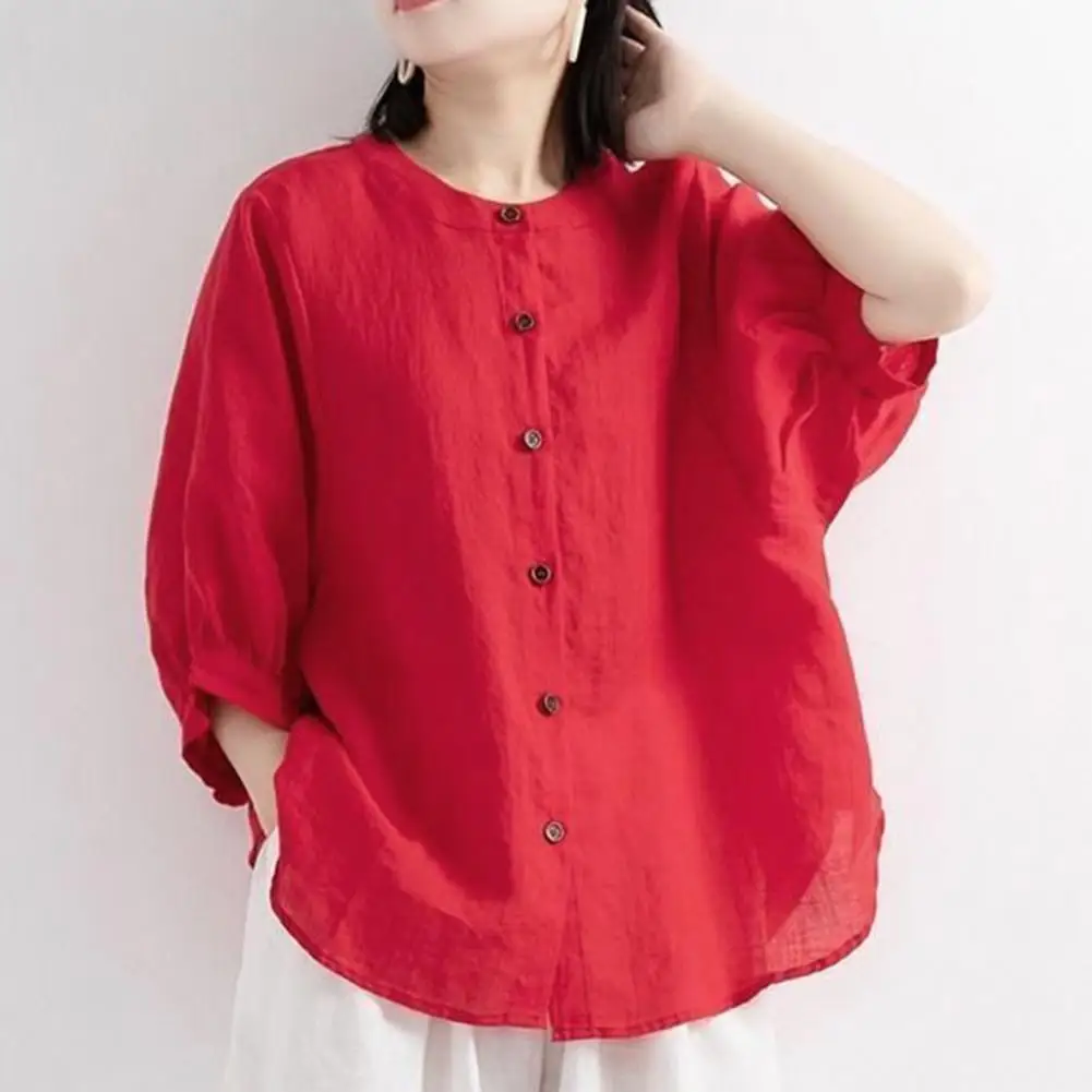 

Trendy Summer Blouse Buttons Closure Anti-pilling Casual Versatile Loose Retro Shirt Blouse Women Shirt Shirt Blouse