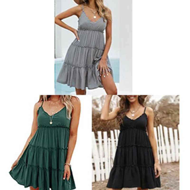 Women's Casual Sleeveless Pleated Mini Dress Loose Swing Short Vest Dress