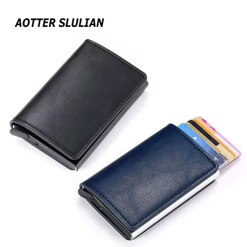 

Men Smart Wallet Rfid Safe Anti-theft Holder Women Small Purse Bank ID Cardholder Metal Thin Case Black PU Leather Card Clip Bag