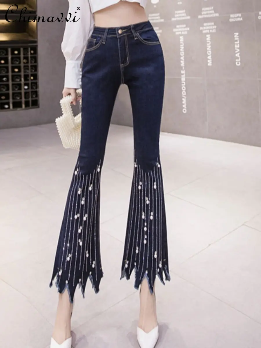 

2022 Autumn Clothes New Women's Jeans Heavy Industry Tassel Thin Effect Slightly Flared Slim Fit Temperament Leisure Denim Pants