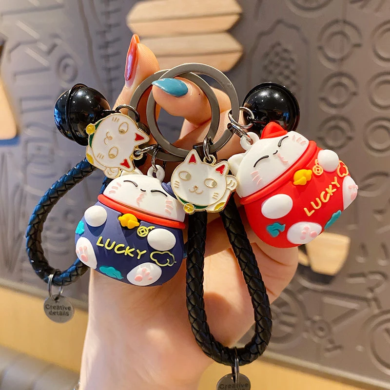 

New Cartoon Lucky Cat bell rope Keychain Women Cat Car Key Ring Charm Bag Pendant Key Chain Gift Accessories wholesale