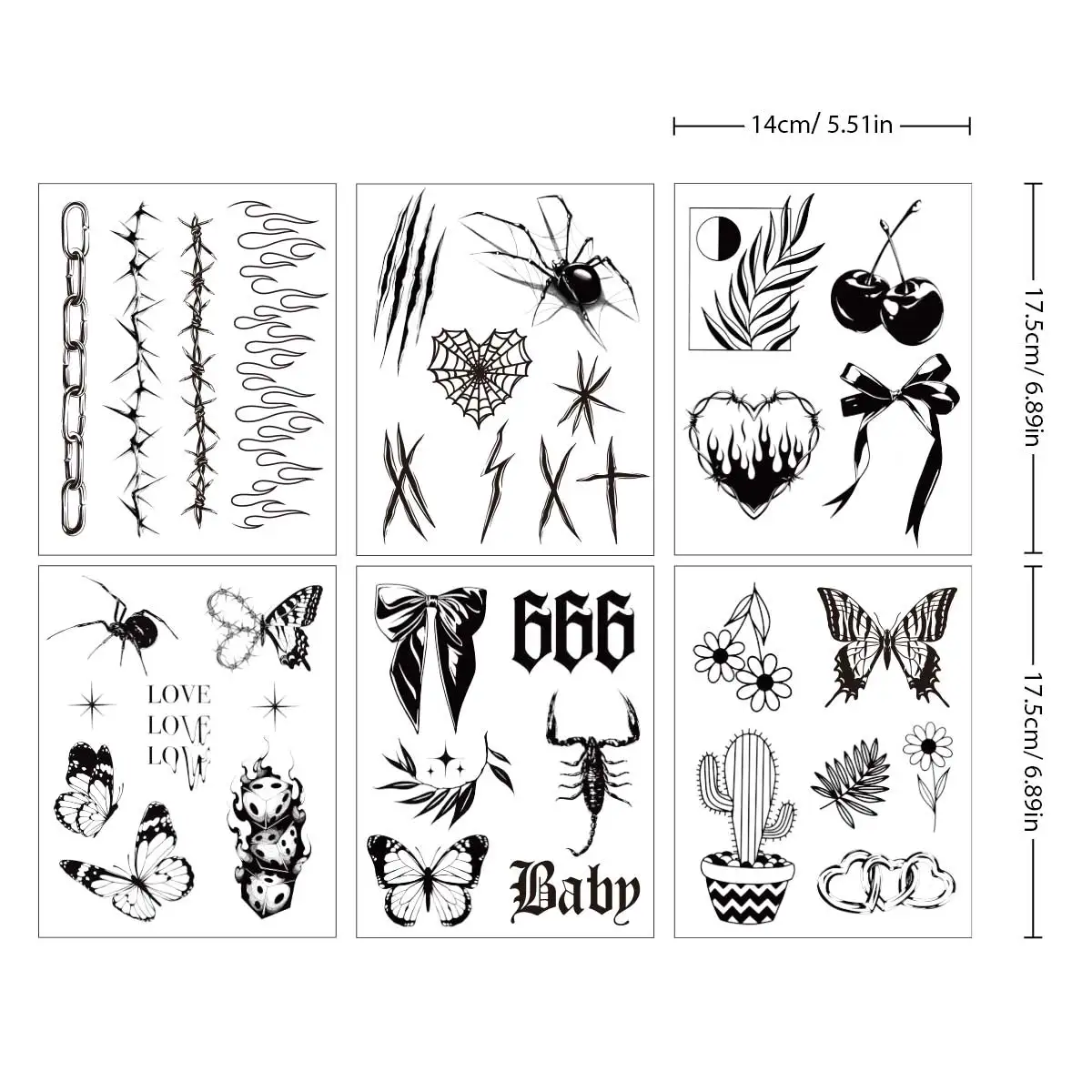 6 шт. временные татуировки в готическом стиле панк дизайн бабочки и пламени