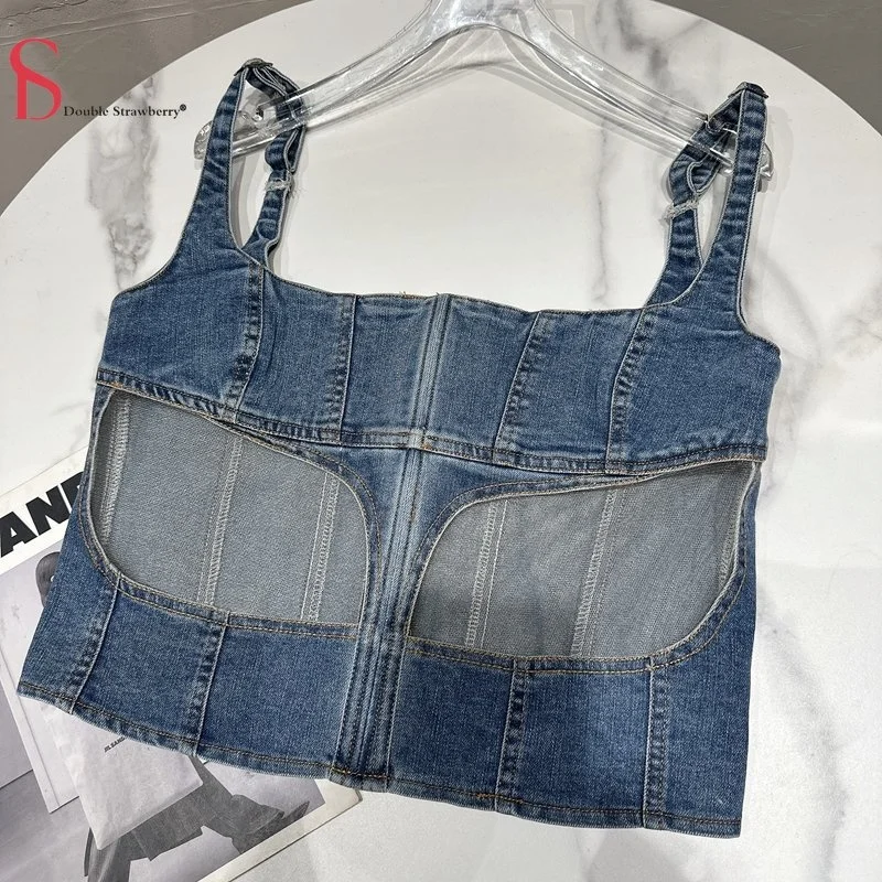 

Tops Jean Crop Women's New Mesh Splicing Fishbone Waistband Slimming Denim Suspender Tanks Female Spring and Summer