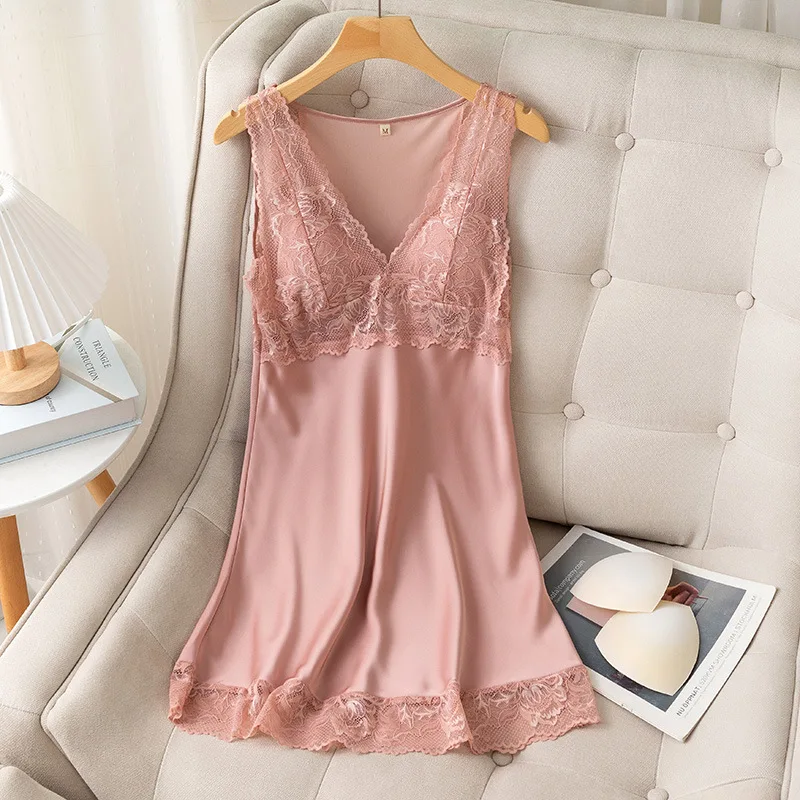 

Female V-Neck Nightgown Women Intimate Lingerie New Summer Sleepwear Suspender Nightdress Silky Satin Nighty Gown Loungewear