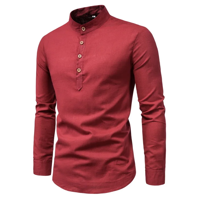 

New Men's Shirt Solid Color Long-sleeved Casual Slim Business Stand-up Collar Cotton and Linen Half-open Shirt camisas
