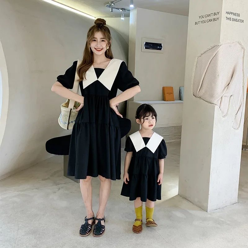 

Mom and Daughter Summer Lapel Short Sleeve Solid Color Loose Casual Dress Family Matching Clothes Kids Clothes Girls