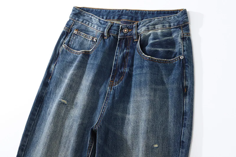 Vintage Cat Whisker Denim Trousers for Men Harajuku Loose and Worn Washed Straight Casual Pants