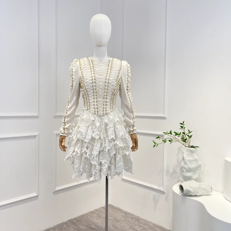 

2023 Top Quality Linen Silk Beige Hook Flower Hollow Lace Pachwork Free Ruffle Cross Court Mini Dresses Women