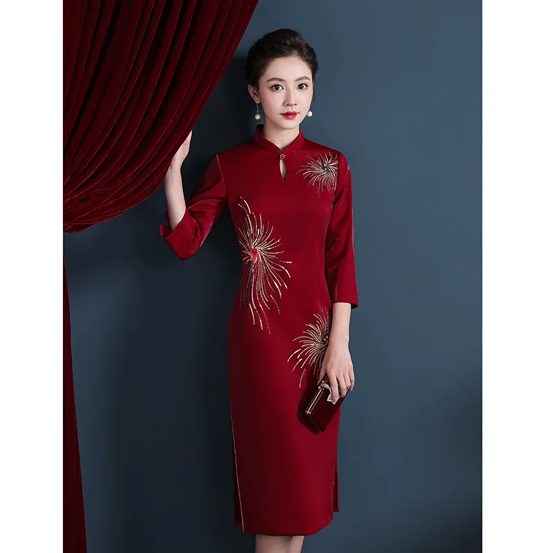 Yourqipao Chinese Wedding Mother Of The Bride Dress Summer New Long Sleeve Cheongsam Traditional China Party Evening Gowns