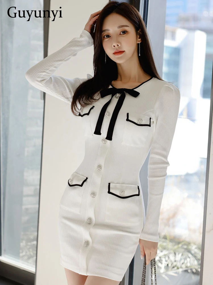 

Pullover Sheath Dress Spring White O-Neck Full Sleeve Single Row Decorative Buckle Stretch Knit Tight Office Lady Mini Dress