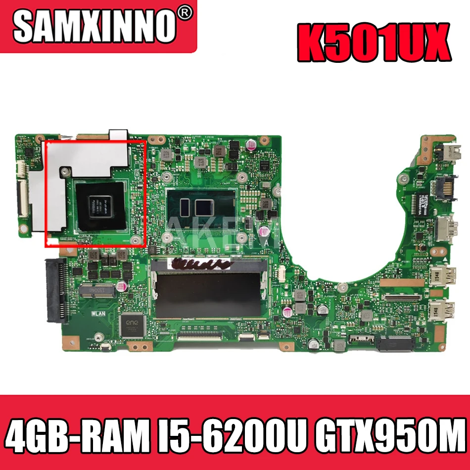 

Материнская плата Akemy K501UX для ноутбука ASUS K501UX K501UB, оригинальная материнская плата DDR3 4 ГБ-Оперативная память I5-6200U GTX950M EDP