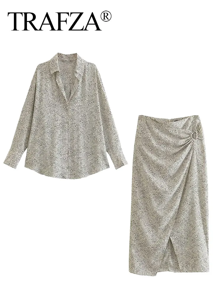 

TRAFZA Skirt Suit Woman Trendy Print Dot Turn-Down Collar Long Sleeve Single Breasted Blouses+Asymmetrical Folds Zipper Skirts