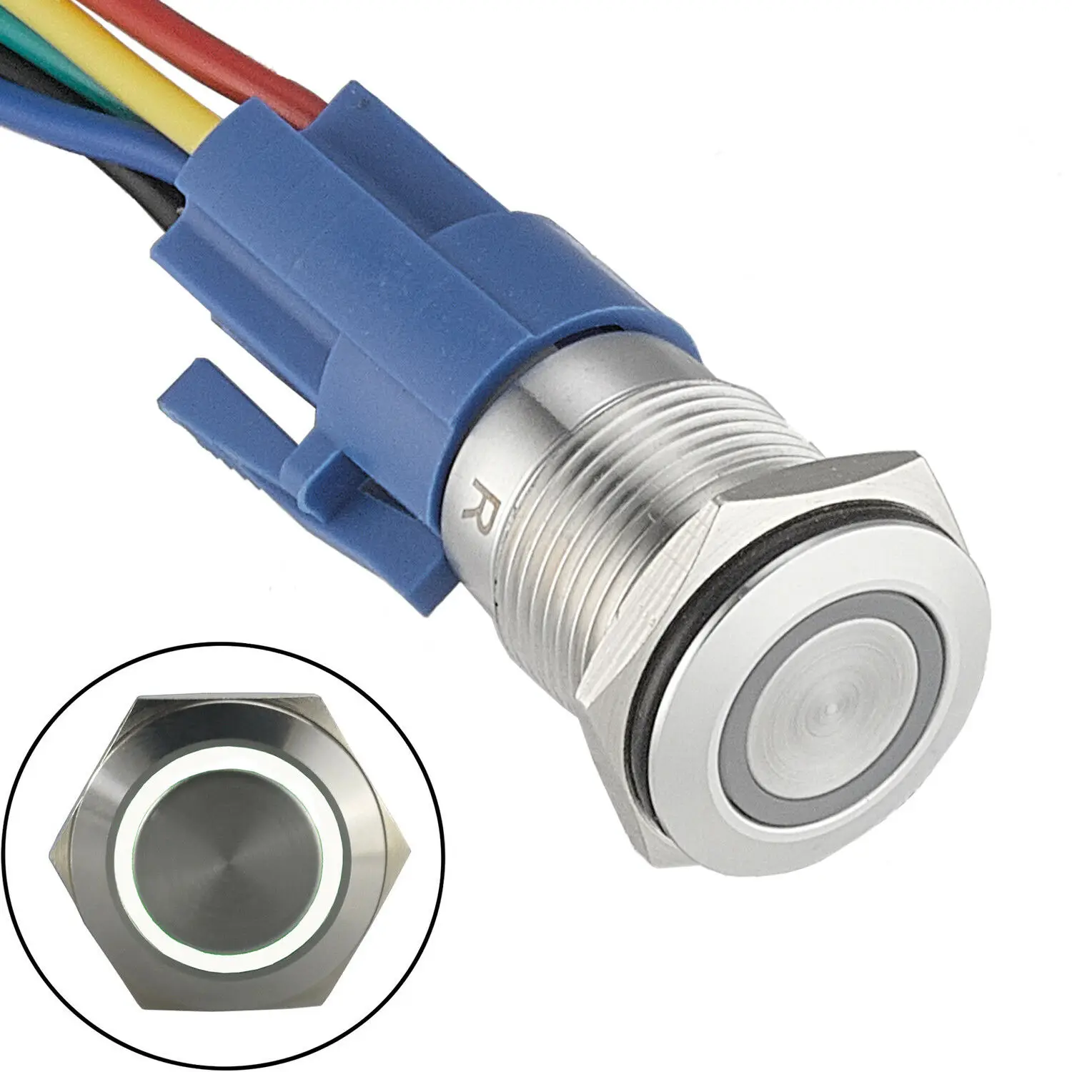 

16mm Latching Push Button Switch 12V AC / DC On Off Stainless Steel Ring LED Self-Locking With Pigtail Socket 5A / 250V AC