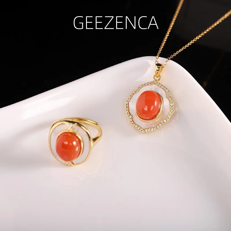 

GEEZENCA Natural Oval Agate 925 Silver Gold Plated Pendant Ring For Women Mother of Pearl Zircon Chic Jewelry Sets 2023 New Gift