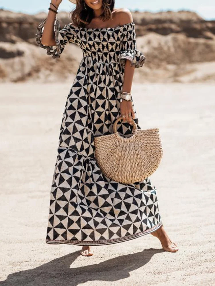 

New Pattern Print Women Summer Vacation Off Shoulder Dress Sexy Loose Maxi Dress Retro Boho Ruffle Sleeve Long A-Line Dress