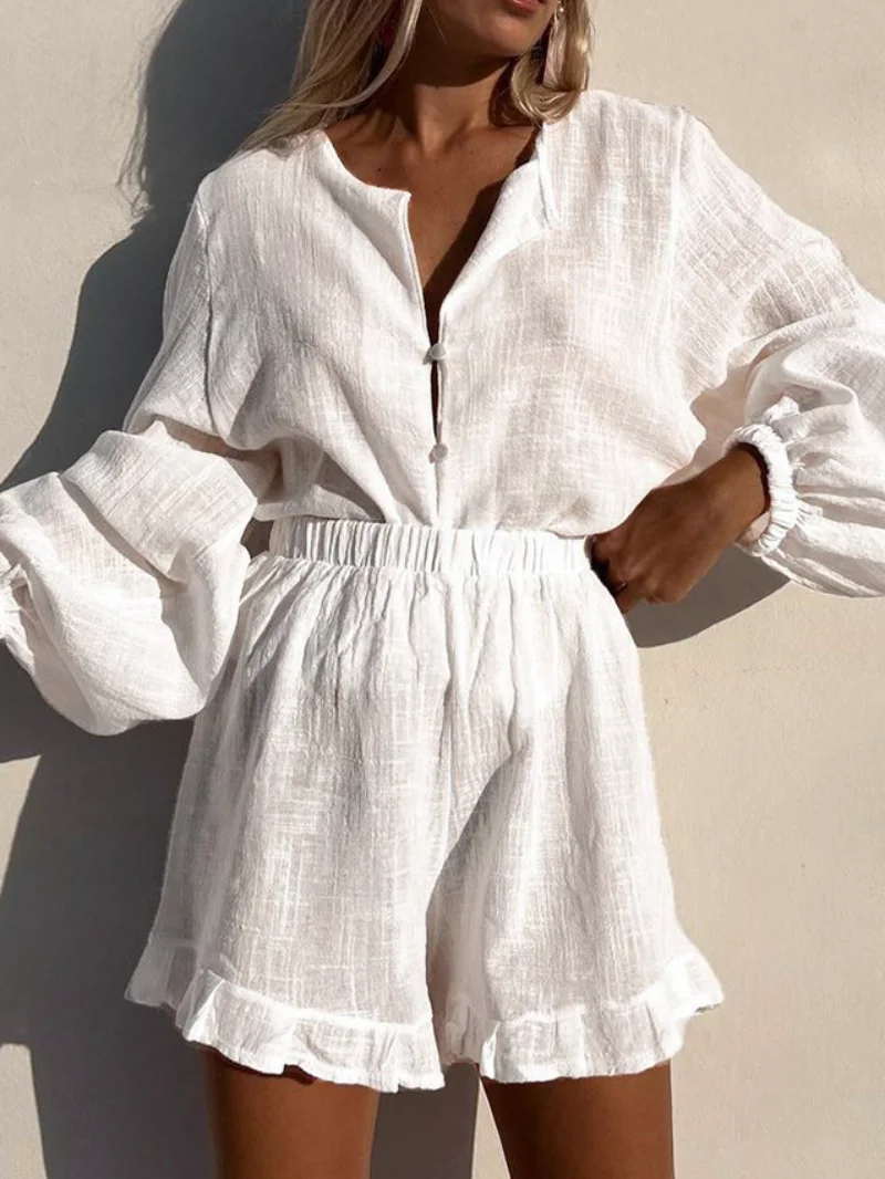 

Cotton Two Piece Shorts Set 2023 Summer Women O-neck Lantern Sleeve Single Breasted Top Elastic Waist Ruffles Shorts Sets White